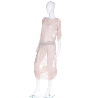 Drop Waist 1920s Vintage Nude Sand Silk Beaded Flapper Dress w Beaded Belt