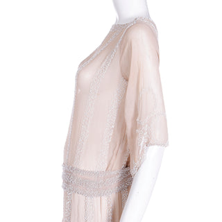 1920s Vintage Nude Sand Silk Beaded Flapper Dress w Beaded Belt w Drop Waist