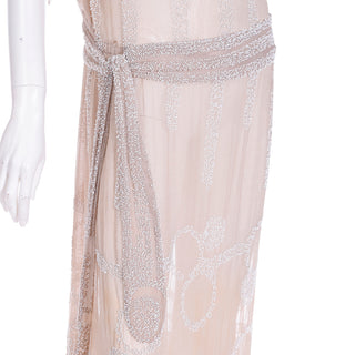 1920s Vintage Nude Sand Silk Beaded Flapper Dress w Beaded Belt attached at Drop Waist