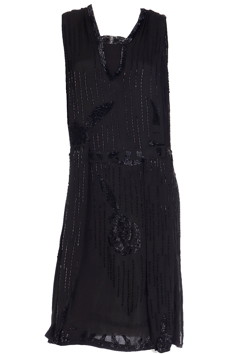 1920s Vintage Flapper Beaded Black Sleeveless Evening Dress Modig 1920s Vintage Flapper Beaded Black Sleeveless Evening Dress Modig