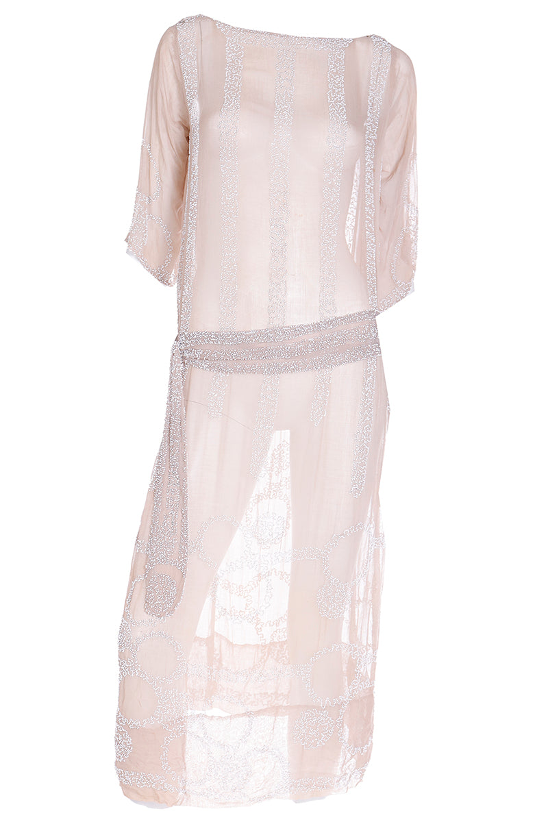 white beaded dress 1920s 1920s Nude Sand Silk White Beaded Flapper Dress w Beaded Belt – Modig