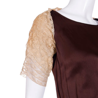 1920s Vintage Brown Pleated Silk Dress w Lace Sleeves