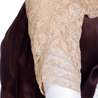 1920s Vintage Brown Pleated Silk Dress with Intricate Lace Sleeves