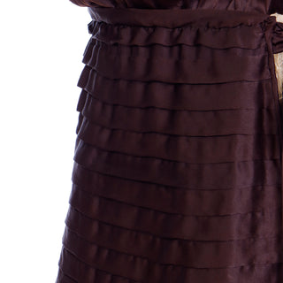 1920s Vintage Brown Flat Pleated Silk Dress with Lace Sleeves