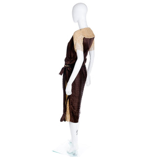 1920s Vintage Brown Pleated Silk Dress with Lace Sleeves and Lace insert