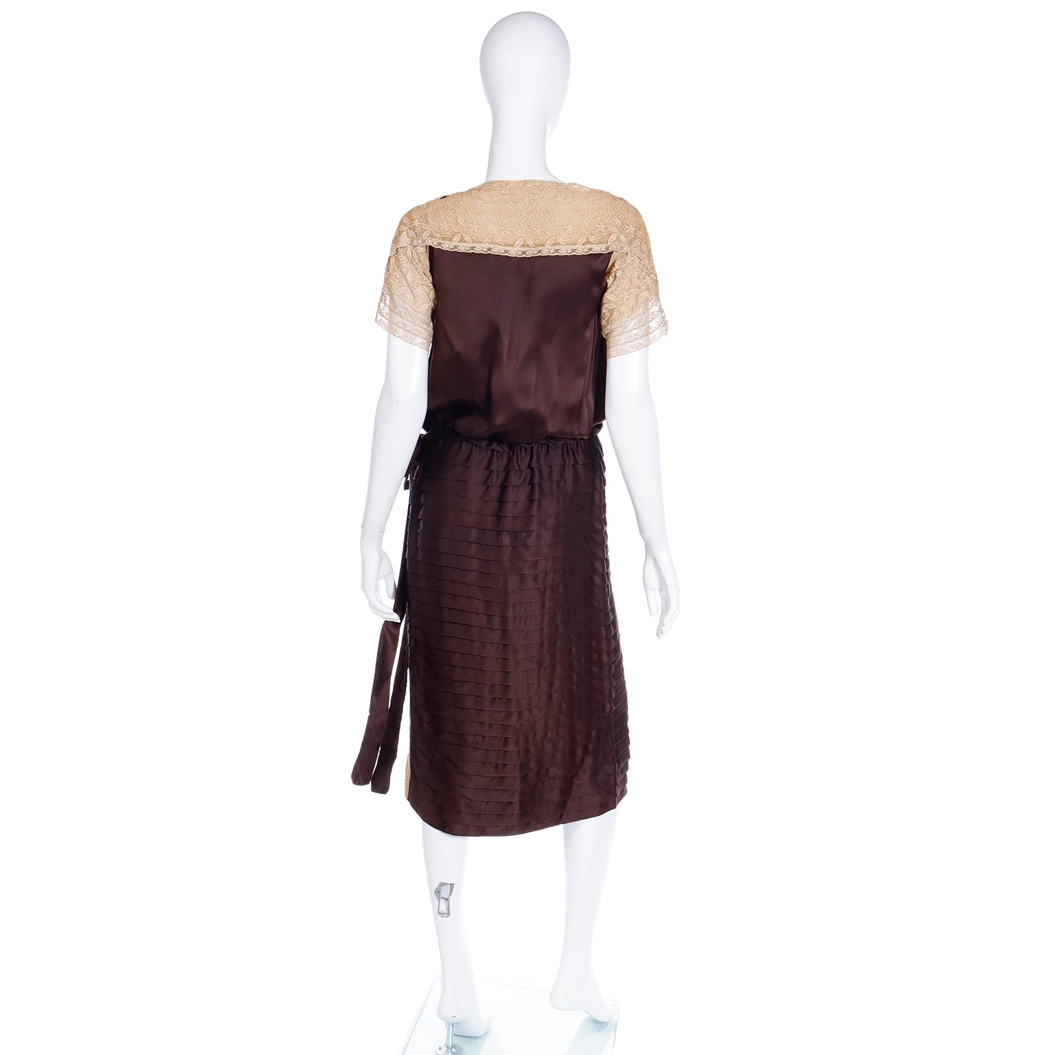 1920s Vintage Brown Pleated Silk Dress with Lace Sleeves 1920s Vintage Brown Pleated Silk Dress with Lace Sleeves