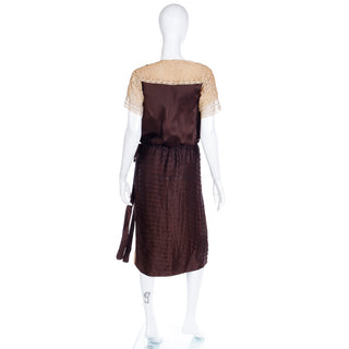 1920s Vintage Brown Fine Pleated Silk Dress with Lace Sleeves