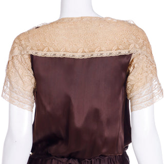 1920s Vintage Brown Pleated Silk Dress with DelicateLace Sleeves