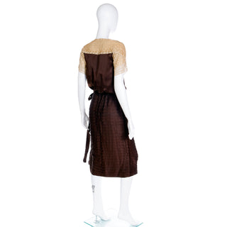 1920s Vintage Brown Pleated Silk Dress with Lace Sleeves and attached belt