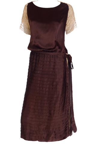 1920s Vintage Brown Pleated Silk Dress with Lace Sleeves