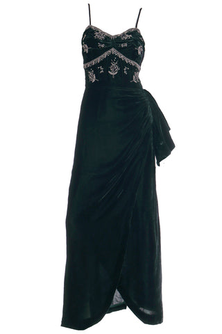 1940s Dark Green Velvet Beaded Evening Dress With Ruching & Side Swag