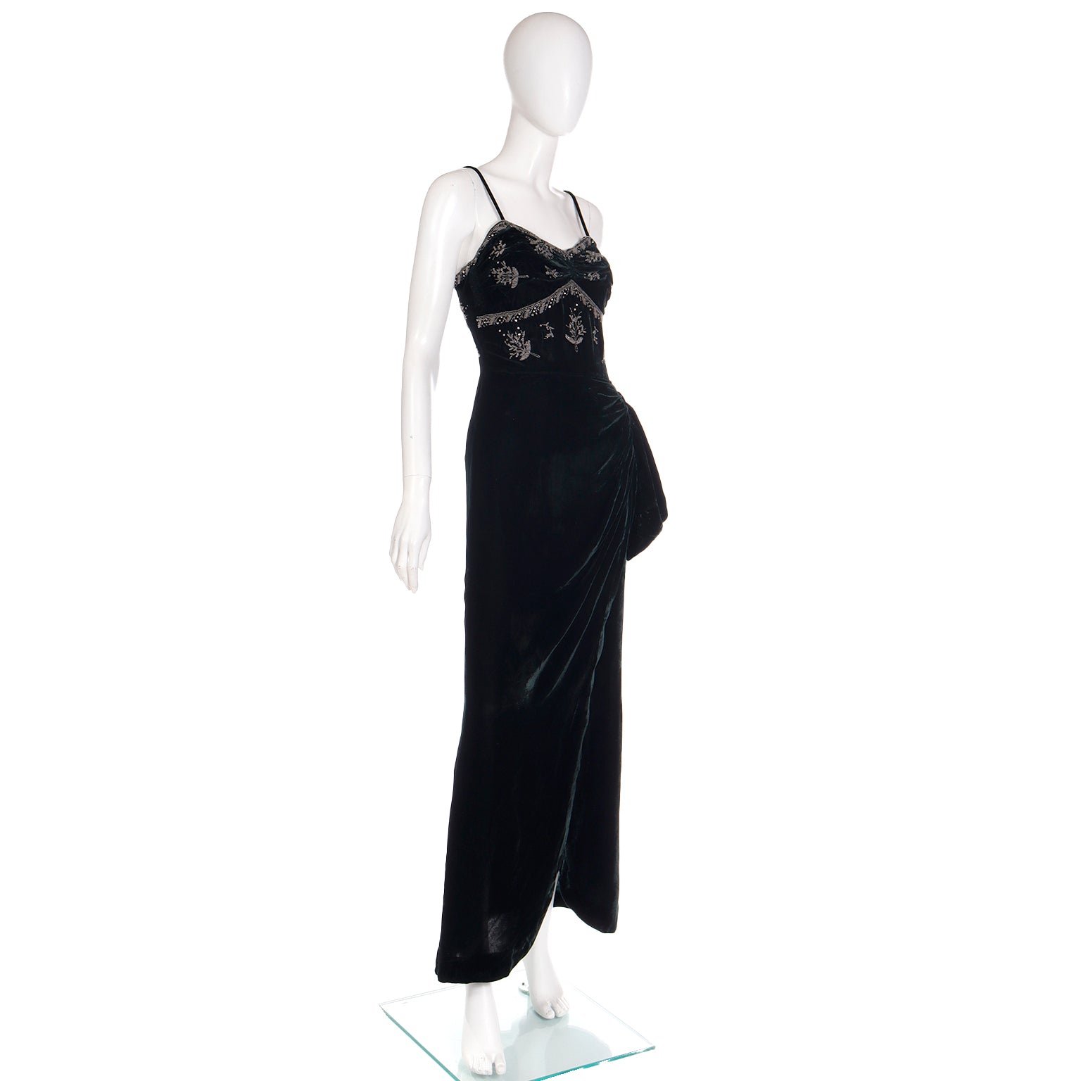 Vintage 40s Dark Green Velvet Beaded Evening Dress W Ruching & Swag Modig Vintage 40s Dark Green Velvet Beaded Evening Dress W Ruching & Swag Modig