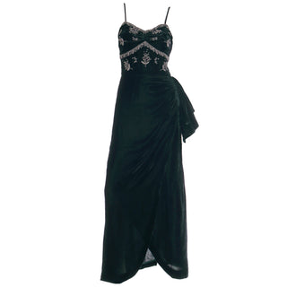 Vintage 1940s Dark Green Velvet Beaded Evening Dress With Ruching & Side Swag Sz S