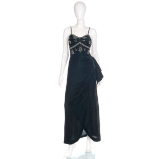 Vintage 1940s Dark Green Velvet Beaded Evening Dress W Ruching & Side Swag