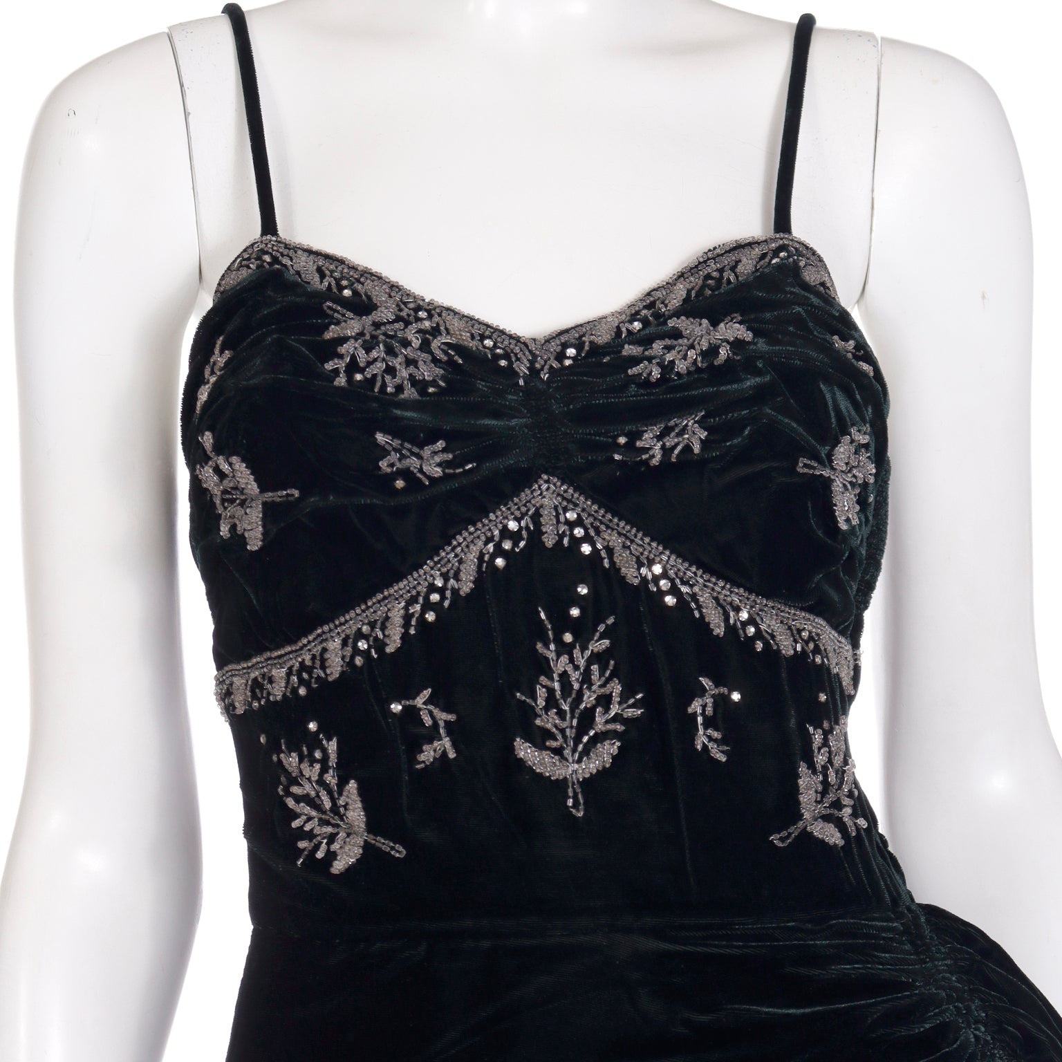 Vintage 40s Dark Green Velvet Beaded Evening Dress W Ruching & Swag Modig Vintage 40s Dark Green Velvet Beaded Evening Dress W Ruching & Swag Modig