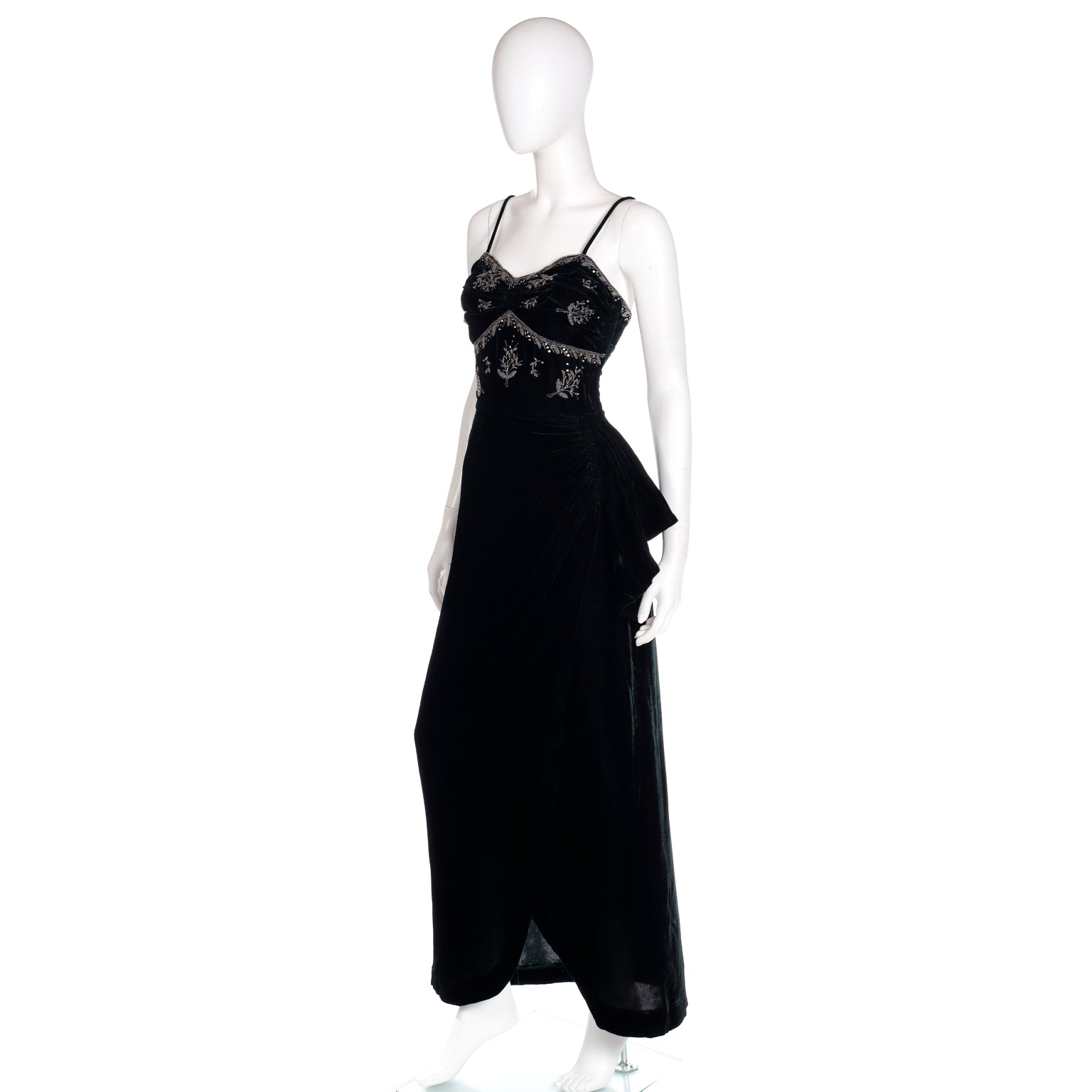 1940s Dark Green Velvet Beaded Evening Dress With Ruching & Side Swag 1940s Dark Green Velvet Beaded Evening Dress With Ruching & Side Swag