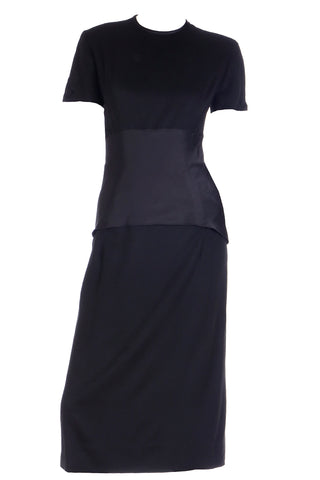 1950s Black Wool Evening Dress w/ Double Faced Satin Peplum