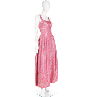 1950s Vintage Norman Young London Pink Jacquard Evening Dress Gown