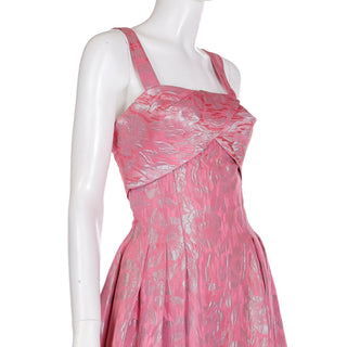 1950s Vintage Norman Young London Pink Jacquard Evening Dress with criss cross bodice