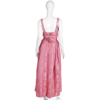 1950s Vintage Norman Young London Pink Jacquard Evening Dress With Built In Bra