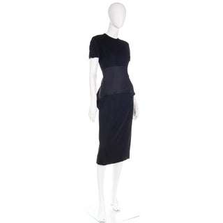 1950s Black Wool Evening Dress w/ Double Faced Satin Peplum