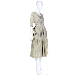 Vintage 1950s Sage Green Iridescent Taffeta Dress w Attached Bolero Jacket