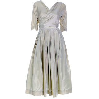 1950s Sage Green Iridescent Taffeta Vintage Dress w Attached Bolero Jacket size S