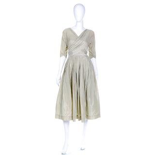 1950s Sage Green Iridescent Taffeta Vintage Dress w Attached Bolero Jacket with wrap 