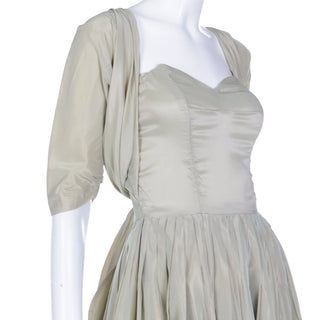 1950s Sage Green Iridescent Taffeta Vintage Dress w Attached Bolero Jacket & Boned Bodice