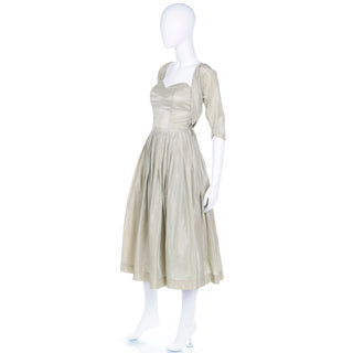 1950s Sage Green Iridescent Taffeta Vintage Dress w Full Skirt & Attached Bolero Jacket
