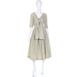 1950s Sage Green Iridescent Taffeta Vintage Party Dress w Attached Bolero Jacket