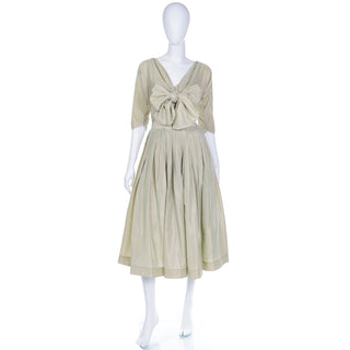 1950s Sage Green Iridescent Taffeta Vintage Dress w Attached wrap Bolero Jacket 