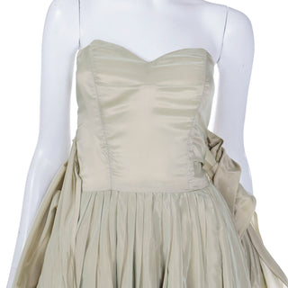 1950s Sage Green Iridescent Taffeta Vintage Dress w Attached Bolero Jacket w Boned Sweetheart Bodice