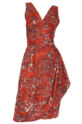 1950s Vintage Cotton Sarong Dress in Rust Tropical Ocean Print