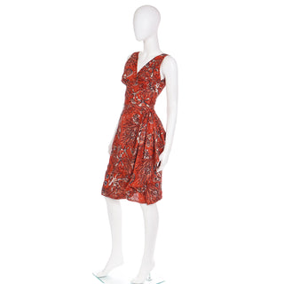 1950s Vintage Cotton Sarong Dress in Rust Tropical Ocean Print XS