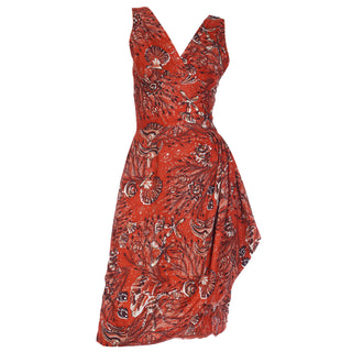 1950s Vintage Cotton Sarong Dress in Rust Tropical Ocean Print Rare 