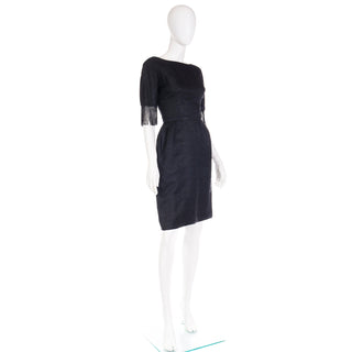 Fitted 1960s Black Cocktail Dress with beaded fringe sleeves