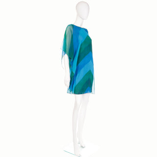 Vintage 1960s Blue & Green Silk Chiffon Statement Sleeve Dress
