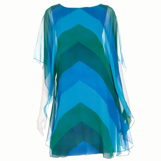 1960s Blue & Green Silk Chiffon Statement Angel Sleeve Dress