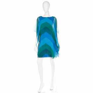 Vintage 1960s Blue & Green Silk Chiffon Statement Bell Sleeve Dress