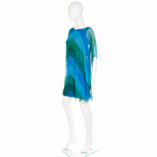 Vintage 1960s Blue & Green Silk Chiffon Overlay Summer Dress