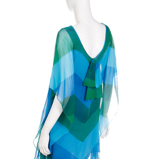 Vintage 1960's Blue and Green Chevron stripe Silk Chiffon dress