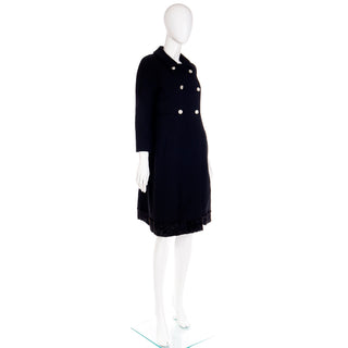 1960s Golet Original Black Coat W Faux Lambswool Trim & Rhinestone Buttons Fully Lined