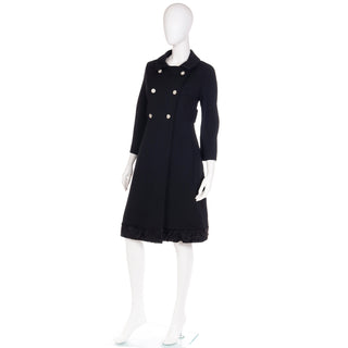 1960s Golet Original Black Coat W Faux Lambswool Trim & Rhinestone Buttons Made in USA