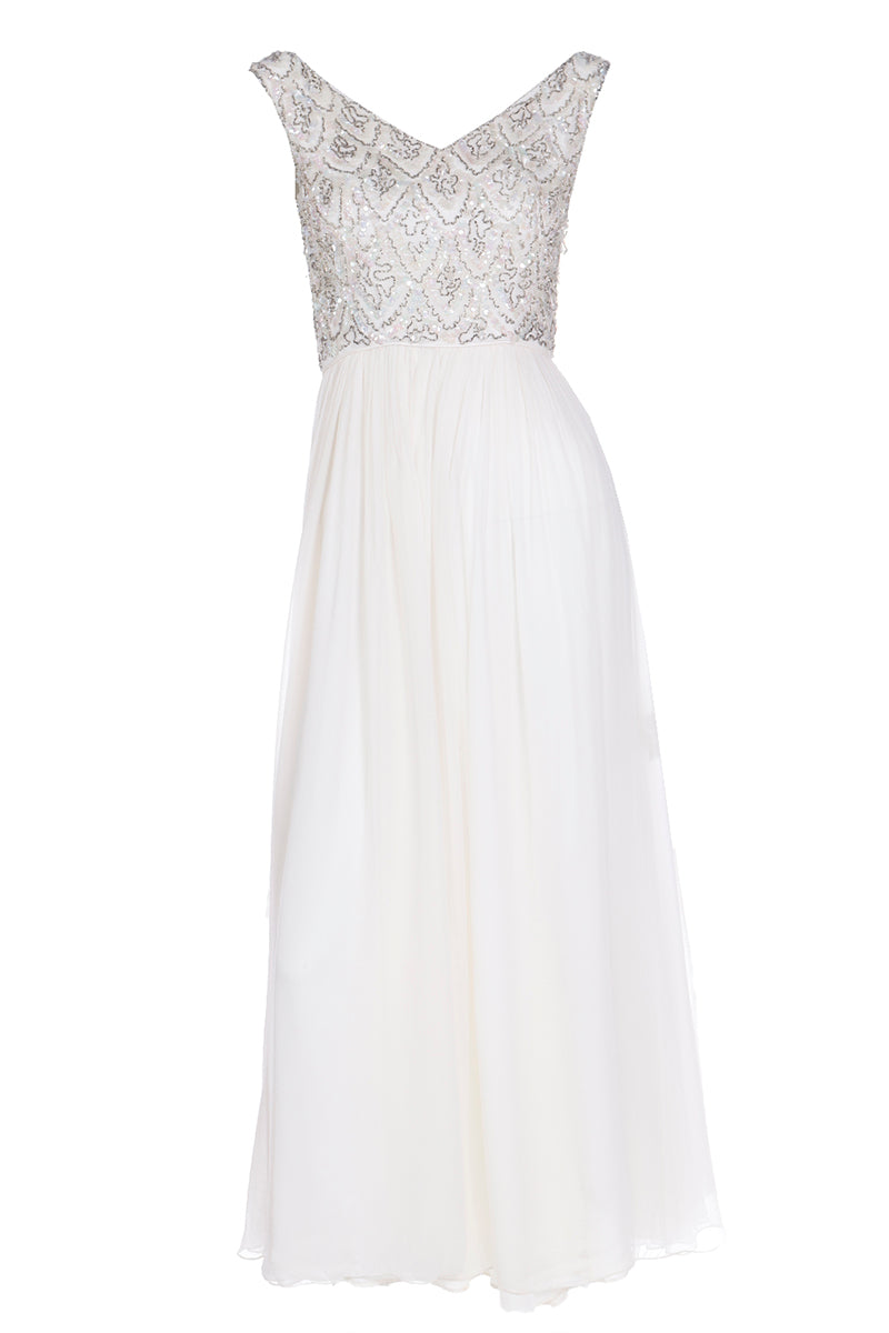 1960s Beaded White Silk Chiffon Evening Dress or Wedding Gown Modig 1960s Beaded White Silk Chiffon Evening Dress or Wedding Gown Modig
