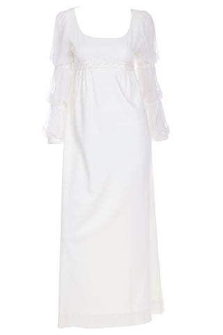 1970s Regency Empire Waist Ivory Crepe Tiered Sleeve White Wedding Gown