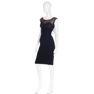 1960s Black Silk Chiffon Illusion Bodice Evening Dress