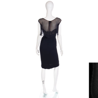 1960s Black Silk Chiffon Illusion Bodice Evening Dress