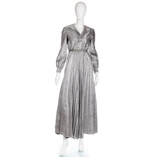 1970s Silver Lurex Sparkle Pleated Palazzo Pant Jumpsuit Evening Dress Alternative with Rhinestones