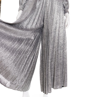 1970s Silver Lurex Sparkle Palazzo Pant Jumpsuit Evening Dress Alternative Pleated Wide Legs